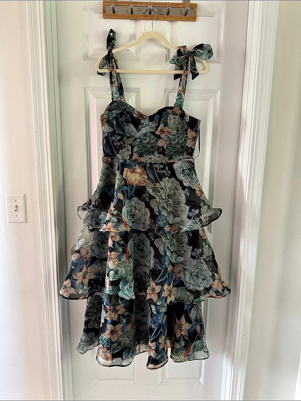 Lulus Playfully Posh Black Floral Organza Tie-Strap Tiered Midi Dress Floral